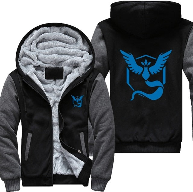 USA Plus EU American Size Pokemon Go Team Valor Team Mystic Team Instinct Cosplay Jacket Sweatshirts Thicken Hoodie Zipper Coat