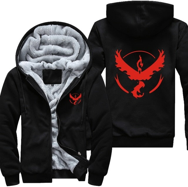 USA Plus EU American Size Pokemon Go Team Valor Team Mystic Team Instinct Cosplay Jacket Sweatshirts Thicken Hoodie Zipper Coat