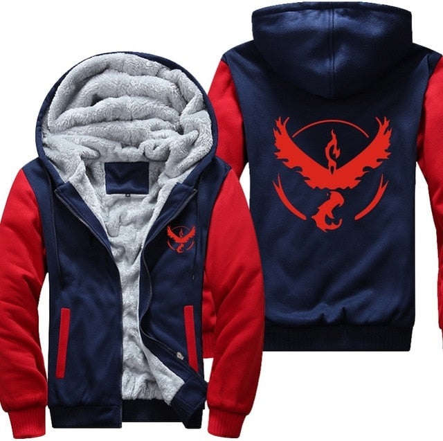 USA Plus EU American Size Pokemon Go Team Valor Team Mystic Team Instinct Cosplay Jacket Sweatshirts Thicken Hoodie Zipper Coat